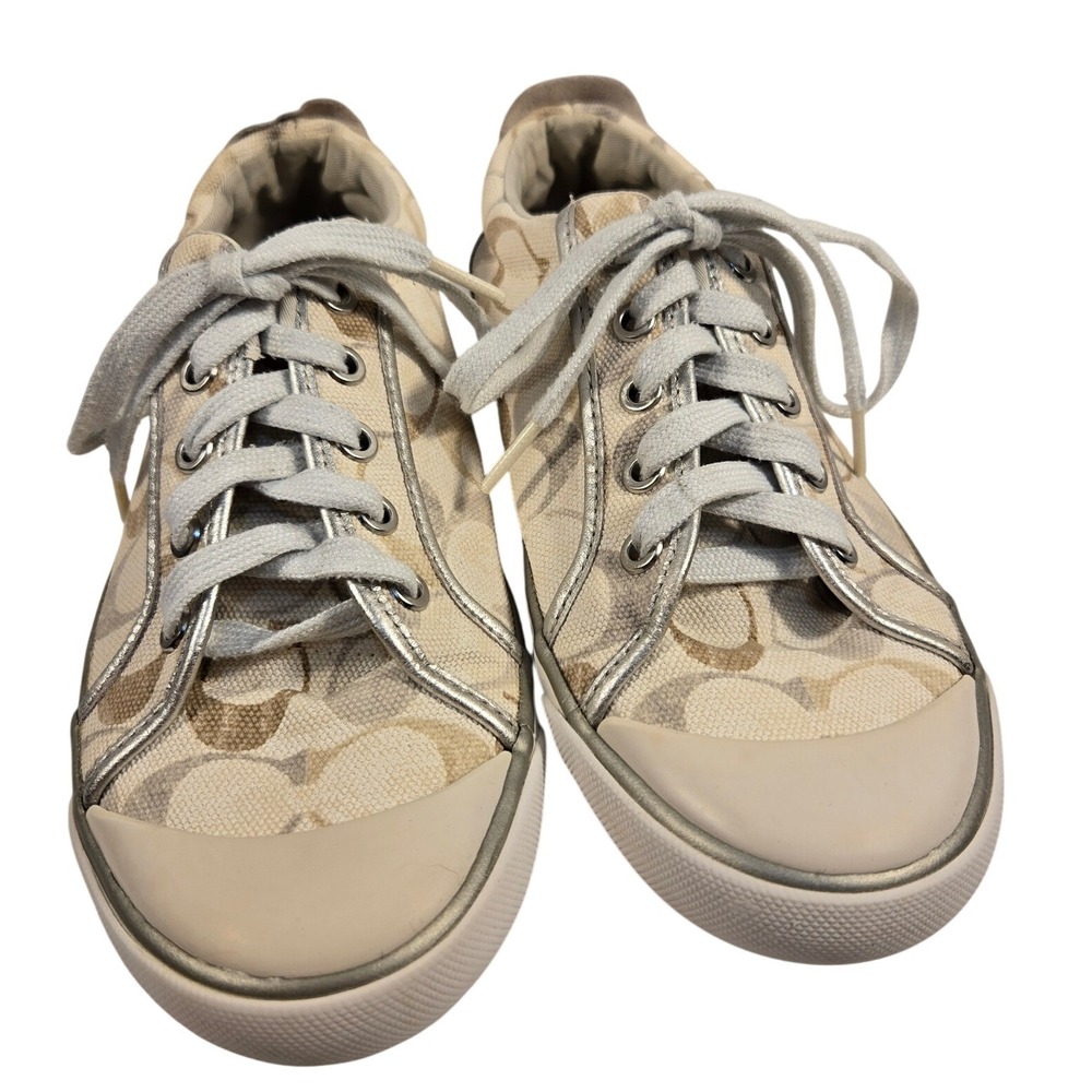 Coach Barrett Signature Jacquard Metallic Silver Sneakers A1667 Khaki Tan 8B